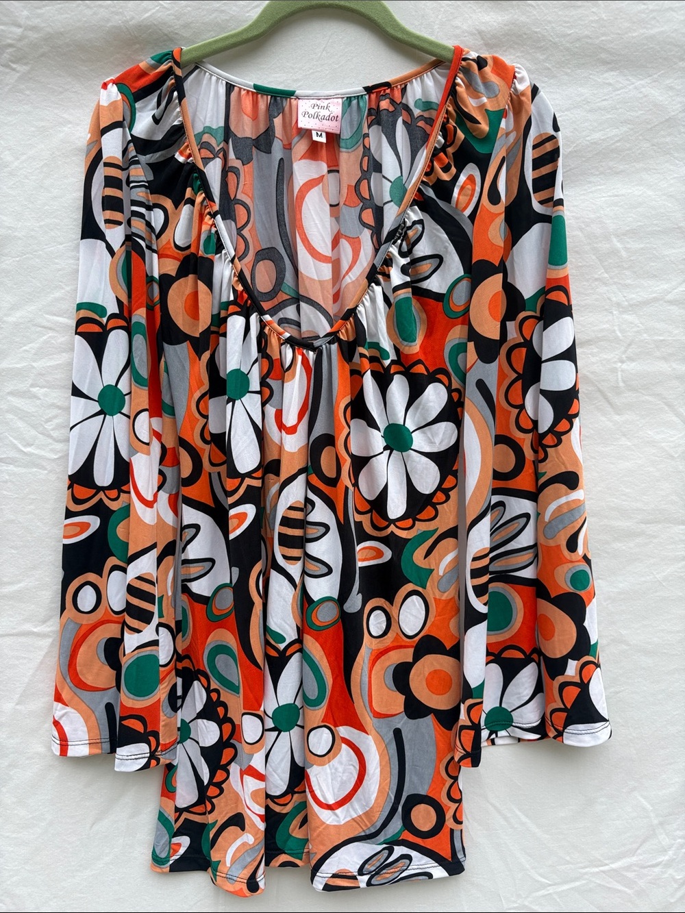 Floral Print Long Sleeve Blouse - Orange/Green/Black